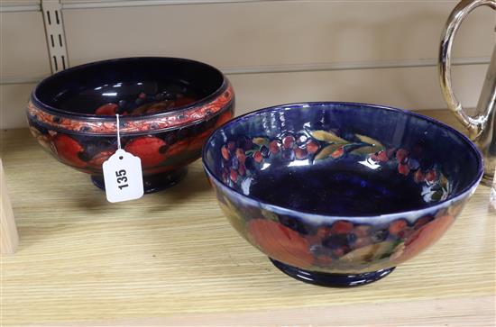 A Moorcroft flambe Banded Pomegranate footed bowl and a similar plain Pomegranate bowl, Dia each approx 23cm